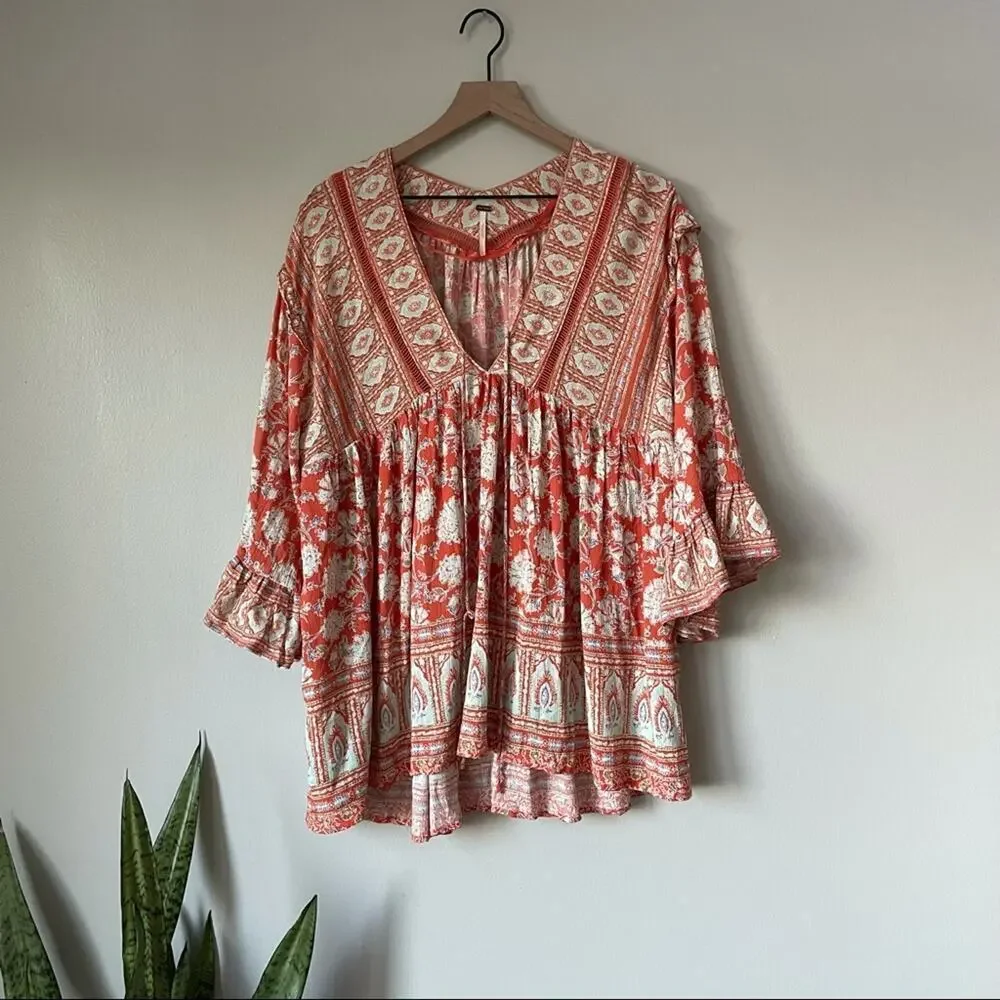 Free People Moonlight Dance Red Orange Boho Printed Tunic